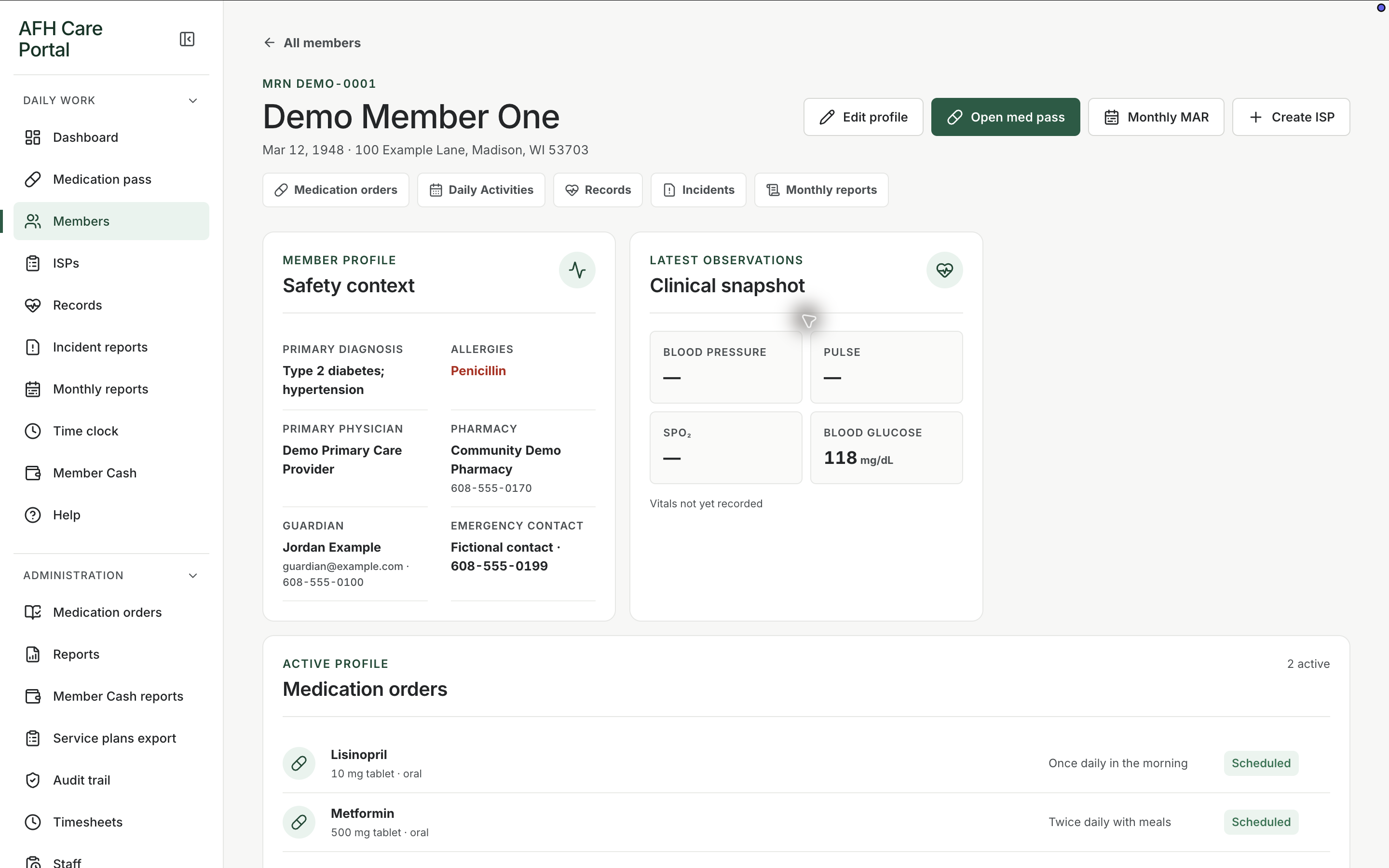 Member profile showing safety information, allergies, clinical observations, medication orders, and reporting access